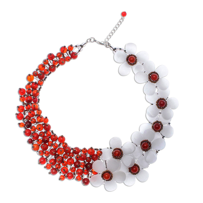 Floral Carnelian and Quartz Beaded Statement Necklace