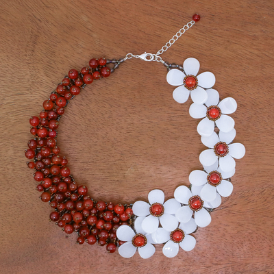 Carnelian and quartz beaded statement necklace, 'White Flower Garden' - Floral Carnelian and Quartz Beaded Statement Necklace