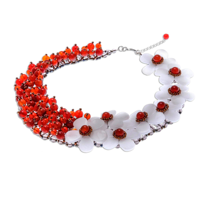 Floral Carnelian and Quartz Beaded Statement Necklace - White Flower ...