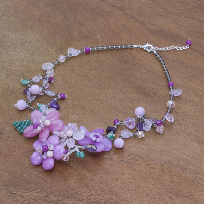 Multi-gemstone beaded statement necklace, 'Lavender Garden' - Floral Multi-Gemstone Beaded Statement Necklace