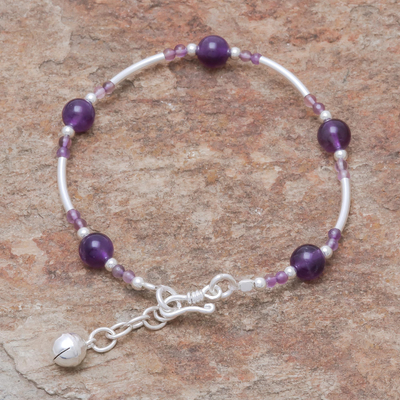 Amethyst beaded bracelet, 'Violet Sound' - Amethyst Beaded Bracelet with a Bell Charm from Thailan