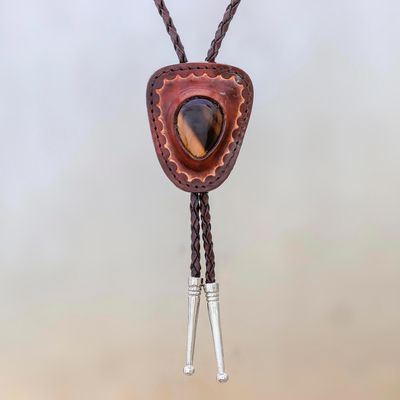 Tiger's eye and leather bolo tie, 'Cowboy Eye' - Tiger's Eye and Leather Bolo Tie from Thailand