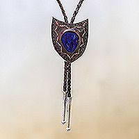 Lapis Lazuli and Leather Bolo Tie from Thailand,'Blue Shield'