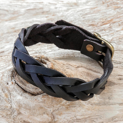 Braided leather wristband bracelet, 'Everyday Charm in Black' - Braided Leather Wristband Bracelet in Black from Thailand