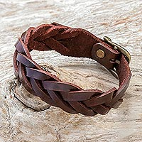 Braided leather wristband bracelet, 'Everyday Charm in Espresso'