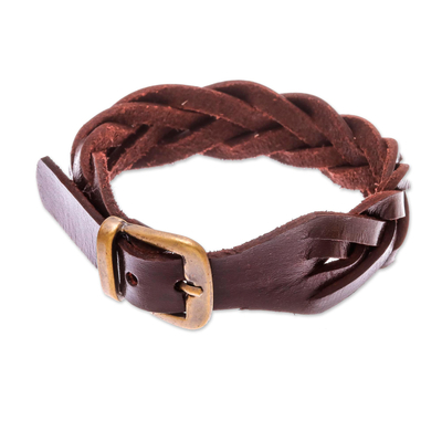 Braided leather wristband bracelet, 'Everyday Charm in Espresso' - Leather Braided Wristband Bracelet in Espresso from Thailand