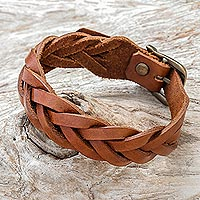 Braided leather wristband bracelet, 'Everyday Charm in Chestnut'
