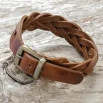Braided leather wristband bracelet, 'Everyday Charm in Chestnut' - Leather Braided Wristband Bracelet in Chestnut from Thailand