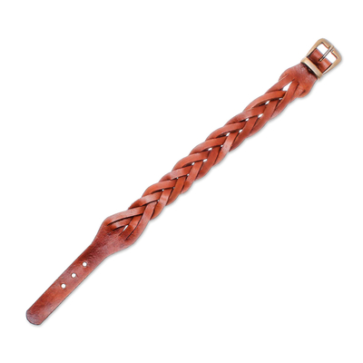 Braided leather wristband bracelet, 'Everyday Charm in Chestnut' - Leather Braided Wristband Bracelet in Chestnut from Thailand