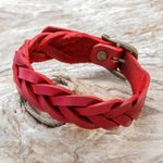 Braided leather wristband bracelet, 'Everyday Charm in Red' - Leather Wristband Bracelet in Red from Thailand