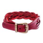 Braided leather wristband bracelet, 'Everyday Charm in Red' - Leather Wristband Bracelet in Red from Thailand