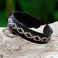 Leather cuff bracelet, 'Thai Pattern in Black'