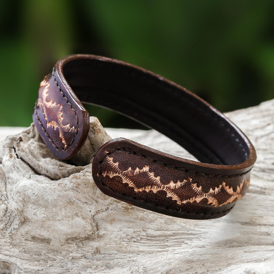 Leather cuff bracelet, 'Thai Pattern in Brown' - Diamond Pattern Leather Cuff Bracelet in Brown from Thailand