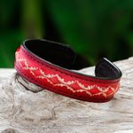 Leather cuff bracelet, 'Thai Pattern in Red' - Diamond Pattern Leather Cuff Bracelet in Red from Thailand