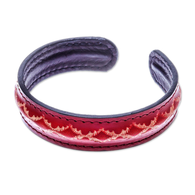 Diamond Pattern Leather Cuff Bracelet in Red from Thailand