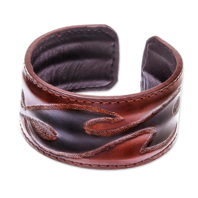 Tribal Pattern Brown Leather Cuff Bracelet from Thailand