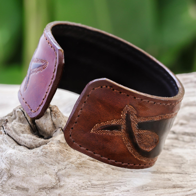 Leather cuff bracelet, 'Tribal Pattern in Brown' - Tribal Pattern Brown Leather Cuff Bracelet from Thailand