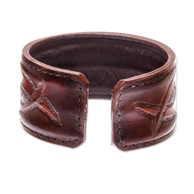 Leather cuff bracelet, 'Tribal Pattern in Dark Brown' - Tribal Pattern Dark Brown Leather Cuff Bracelet