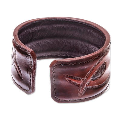 Leather cuff bracelet, 'Tribal Pattern in Dark Brown' - Tribal Pattern Dark Brown Leather Cuff Bracelet
