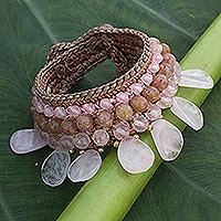 Rose quartz and quartz beaded charm bracelet, 'Princess Dangle' - Rose Quartz and Quartz Beaded Charm Bracelet from Thailand