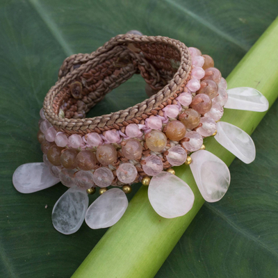 Rose quartz and quartz beaded charm bracelet, 'Princess Dangle' - Rose Quartz and Quartz Beaded Charm Bracelet from Thailand