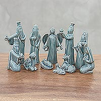 Blue Celadon Ceramic Nativity Scene (11 Piece),'Blue Christmas'