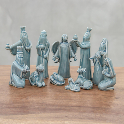 Celadon ceramic nativity scene, 'Blue Christmas' (11 piece) - Blue Celadon Ceramic Nativity Scene (11 Piece)