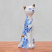 Benjarong porcelain statuette, 'Sweet Floral Cat'  - Floral Benjarong Porcelain Cat Statuette (7.5 in.)