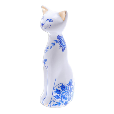 Benjarong porcelain statuette, 'Happy Floral Cat' (7.5 inch) - Floral Benjarong Porcelain Cat Statuette (7.5 in.)