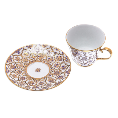 Benjarong porcelain teacup and saucer, 'Thai Gold' - Gilded Benjarong Porcelain Teacup and Saucer from Thailand