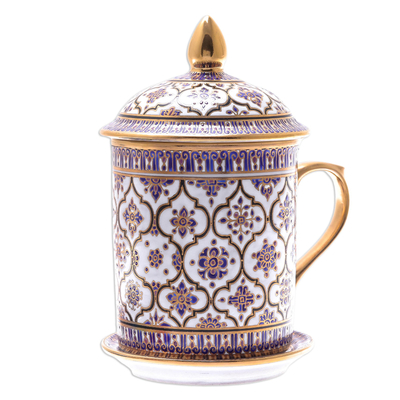 Benjarong porcelain lidded mug and saucer, 'Thai Majesty' - Lidded Benjarong Porcelain Gilded Mug and Saucer