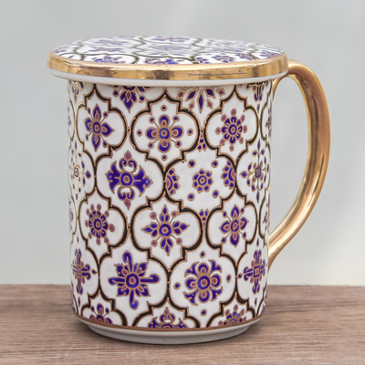 Benjarong ceramic lidded mug, 'Thai Royalty' - Gilded Benjarong Porcelain Lidded Mug from Thailand