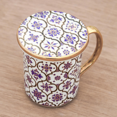 Benjarong ceramic lidded mug, 'Thai Royalty' - Gilded Benjarong Porcelain Lidded Mug from Thailand
