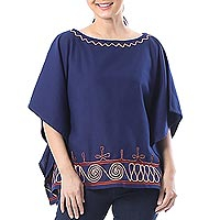 Cotton blouse, 'Butterfly Spirals in Indigo' - Spiral Embroidered Cotton Blouse in Indigo from Thailand