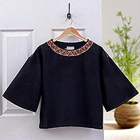 Cotton blouse, 'Vibrant Waves in Black' - Cotton Blouse in Black from Thailand
