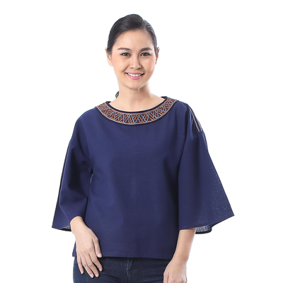 Cotton blouse, 'Vibrant Waves in Indigo' - Cotton Blouse in Indigo from Thailand