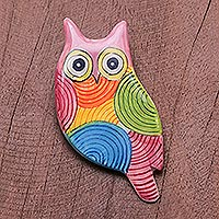 Ceramic brooch pin, 'Rainbow Owl' - Colorful Ceramic Owl Brooch from Thailand