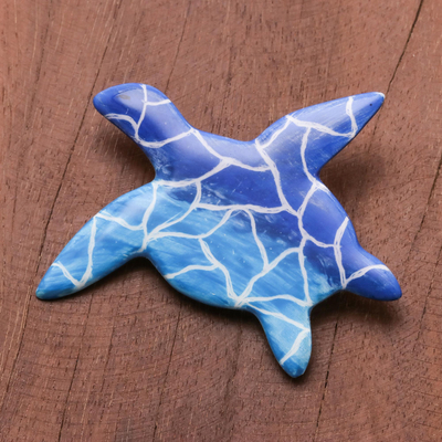 Ceramic brooch pin, 'Sea Turtle Love' - Hand-Painted Ceramic Sea Turtle Brooch in Blue