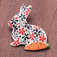 Ceramic brooch pin, 'Rabbit and Carrot' - Floral Ceramic Rabbit Brooch Pin from Thailand