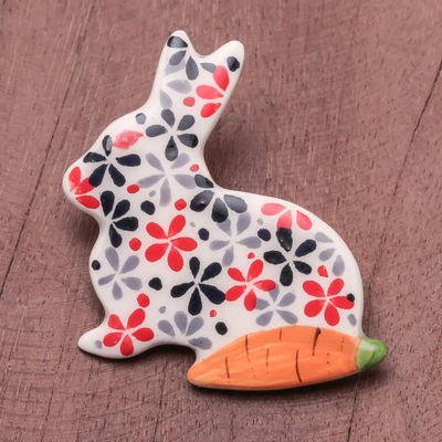 Ceramic brooch pin, 'Rabbit and Carrot' - Floral Ceramic Rabbit Brooch Pin from Thailand