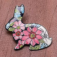 Ceramic brooch pin, 'Garden Rabbit' - Hand-Painted Floral Ceramic Rabbit Brooch from Thailand