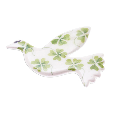 Ceramic brooch pin, 'Lucky Dove' - Four-Leaf Clover Ceramic Dove Brooch from Thailand
