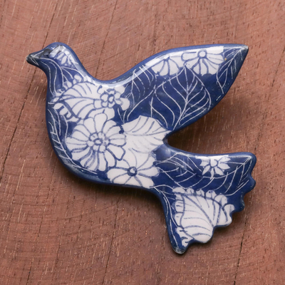 Ceramic brooch pin, 'Midnight Dove' - Blue Floral Ceramic Dove Brooch from Thailand