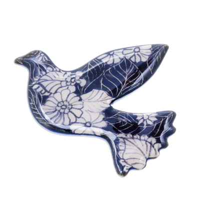 Blue Floral Ceramic Dove Brooch from Thailand