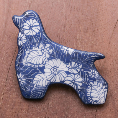 Ceramic brooch pin, 'Midnight Cocker Spaniel' - Blue Floral Ceramic Cocker Spaniel Brooch from Thailand