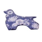 Ceramic brooch pin, 'Midnight Cocker Spaniel' - Blue Floral Ceramic Cocker Spaniel Brooch from Thailand