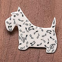 Ceramic brooch pin, 'Scottish Terrier Melody' - Music-Themed Ceramic Scottish Terrier Brooch from Thailand