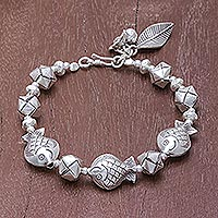 Silver beaded bracelet, 'Natural Cycle' - Fish Motif Karen Silver Beaded Bracelet from Thailand