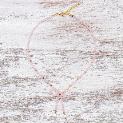 Rose quartz and cultured pearl beaded pendant necklace, 'Lovely Bow' - Rose Quartz and Cultured Pearl Beaded Necklace