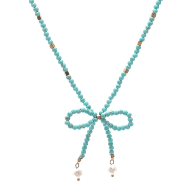 Calcite and cultured pearl beaded pendant necklace, 'Lovely Bow' - Calcite and Cultured Pearl Beaded Necklace